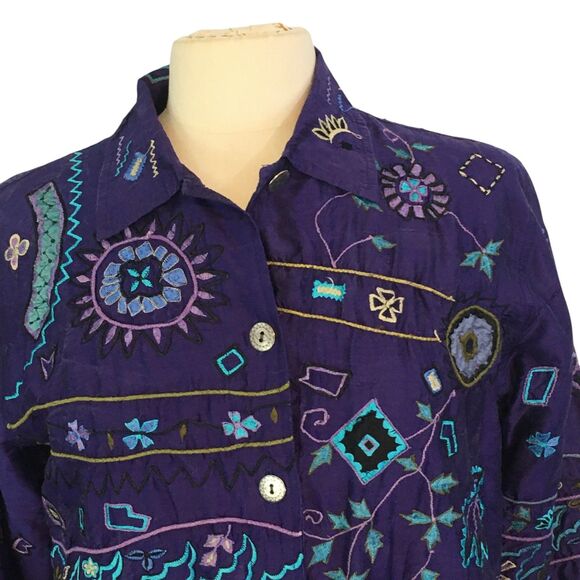 Chico's Design Womens Purple Teal Embroidered Boho Silk Jacket Blazer 1, 40 bust - Picture 2 of 10